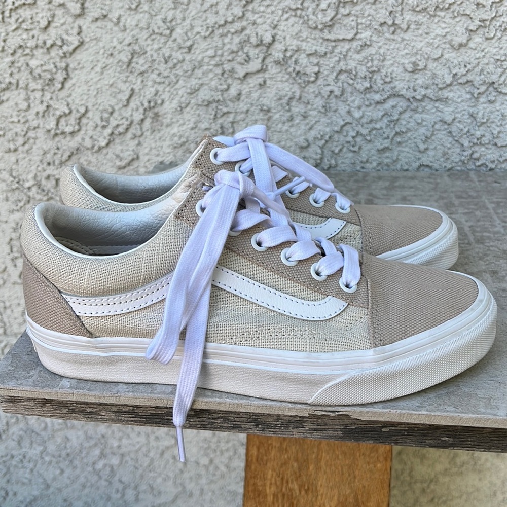 Vans Old Skool Summer Linen Natural Neutral Cream Canvas Laced Sneaker Shoes 6.5